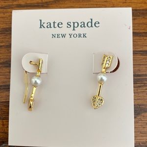 Kate Spade earrings. Gold tone with sparkling hearts and faux pearl accents.